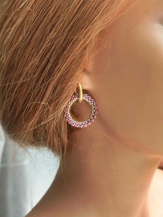 Ръчно изработени обеци халки с висулка от Японски мъниста, Стомана