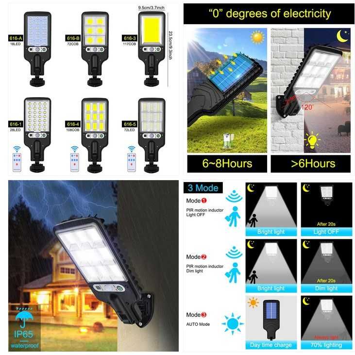 Улична соларна лампа с дистанционно управление и 3 режима на работа