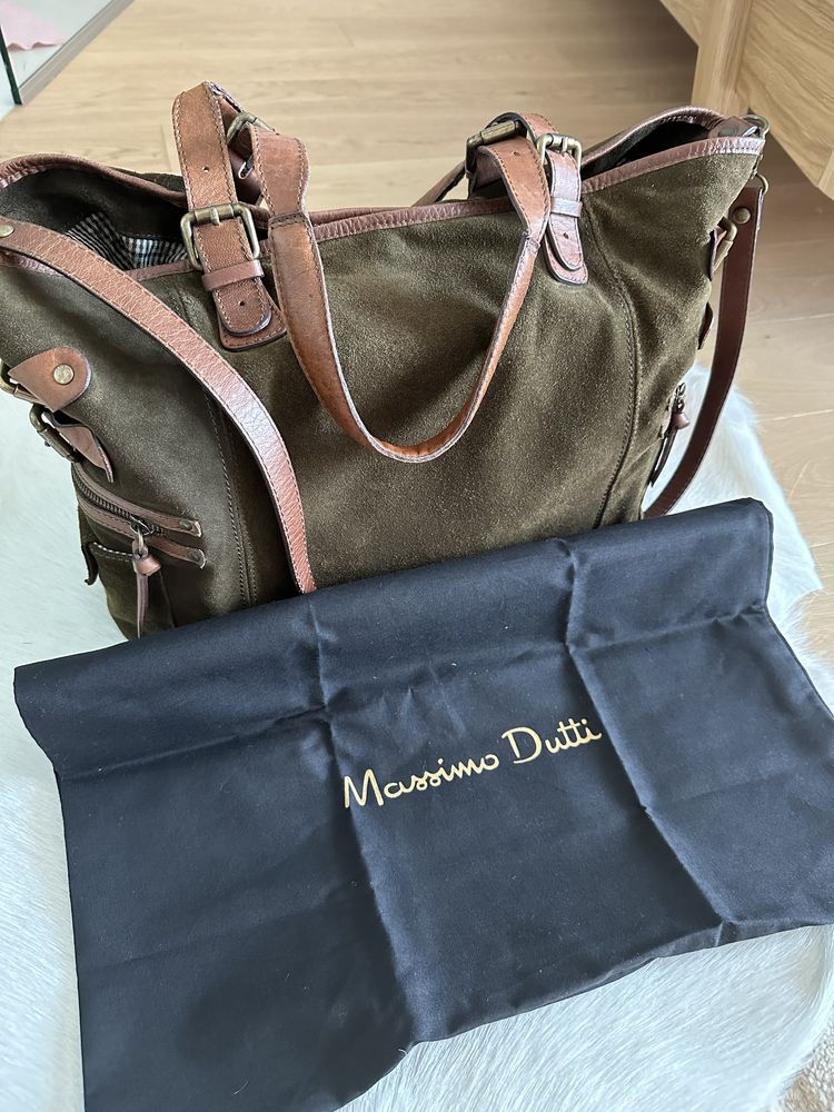 Geanta Massimo Dutti din piele naturala kaki&camel