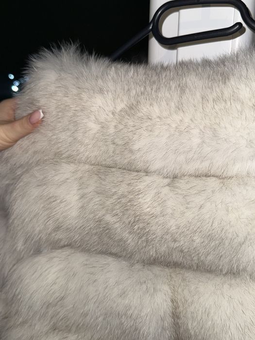 Палто естествен пух и кожа, 2в1 елек + качулка!