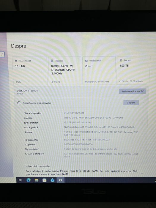 Laptop gaming| 17,3 inch| procesor i7| 12gb ram | ssd 128gb+hdd1 terra