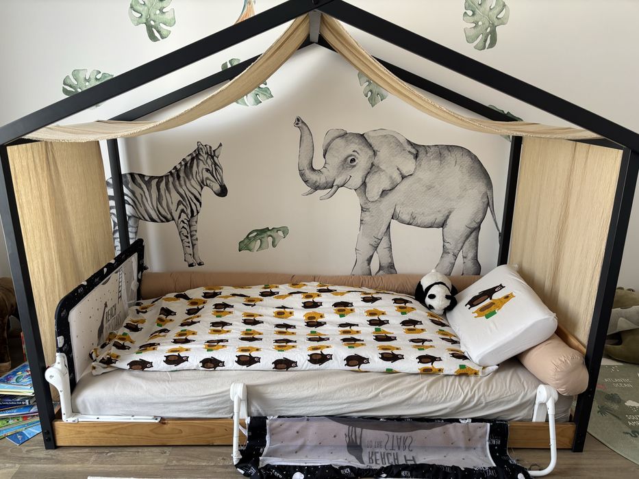 Pat tip casa cu somiera si saltea incluse 90x200