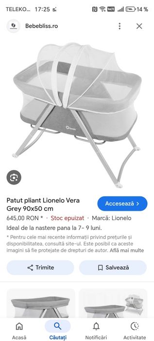 Pătuț pliant Lionelo  Vera gri 90x50cm