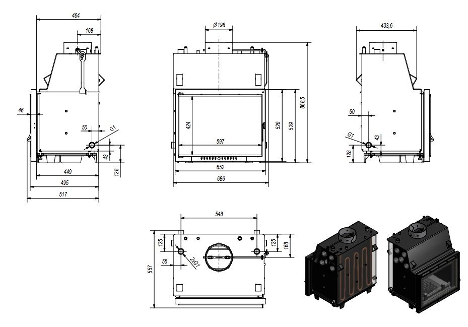 Semineu modern tip centrala captusit la interior cu samota de 15 kw