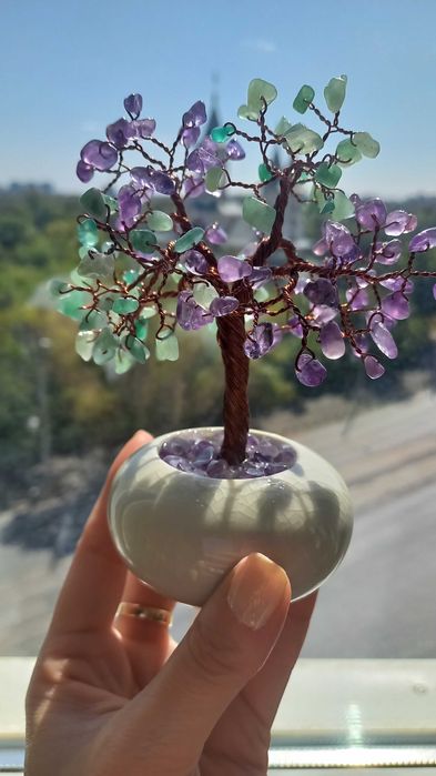 Copac din Cristale de Ametist si Citrin in vas de Ceramica, 14cm