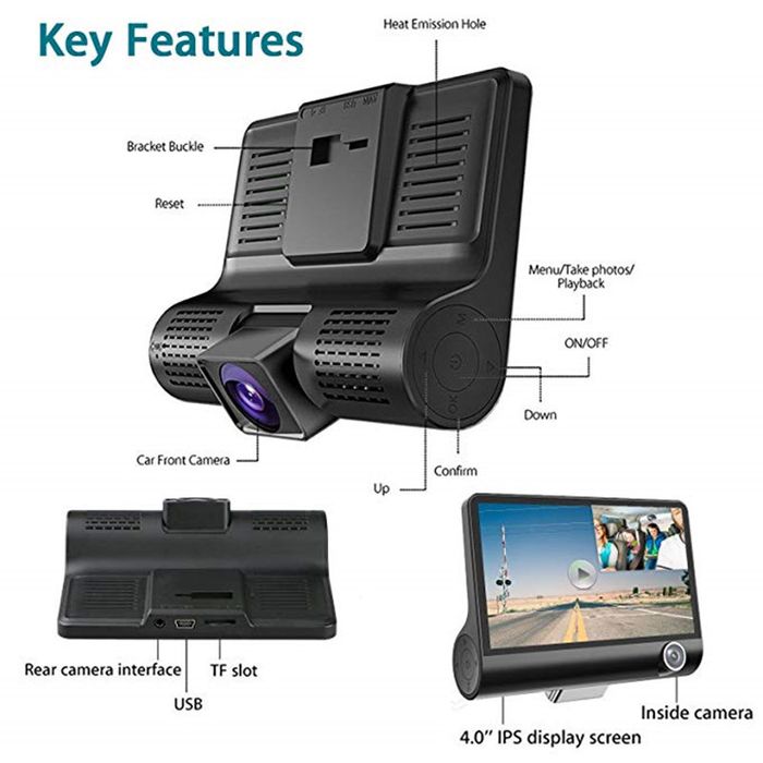 Pachet Camera auto DVR tripla, Full HD 1080P, Unghi de 170*