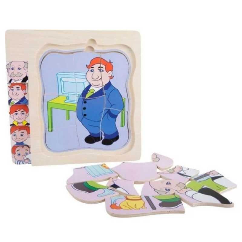 Puzzle educativ din lemn cu etapele vietii, de la bebe pana la batran