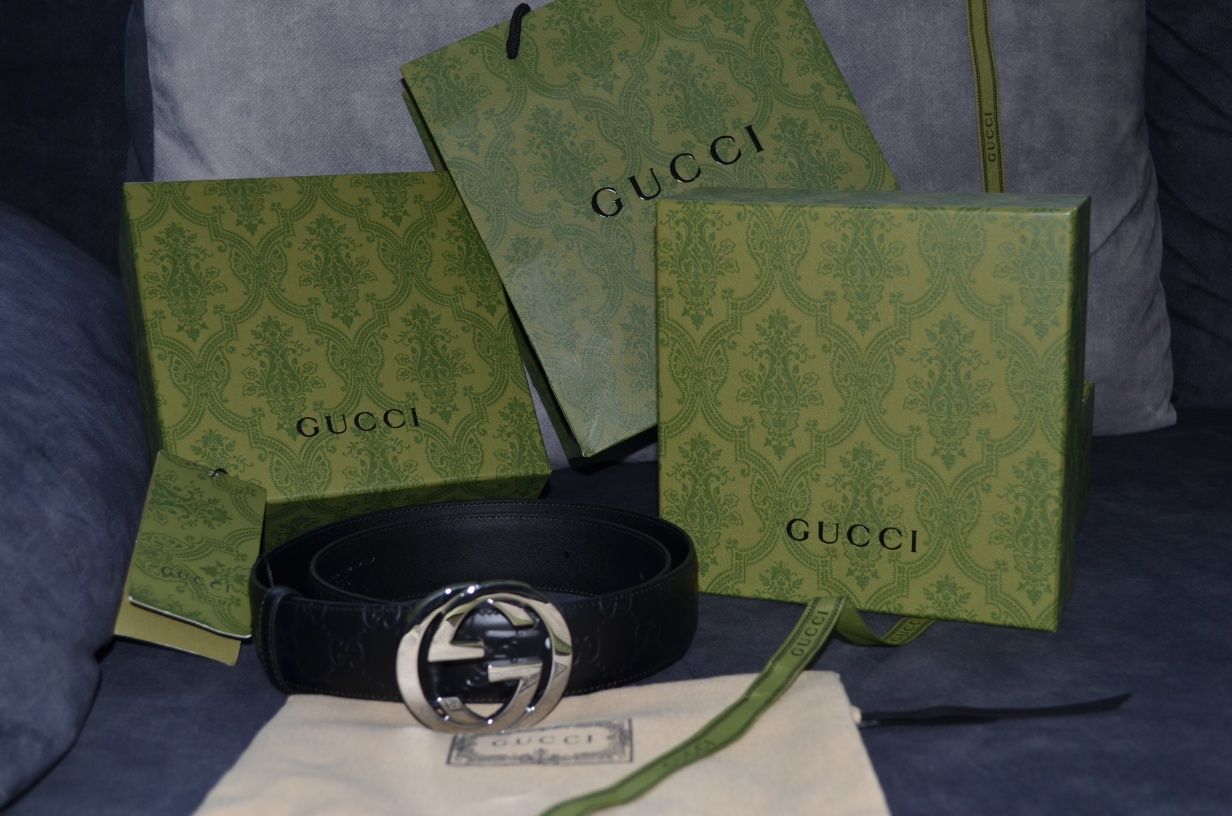 Колан гучи кожен в черно със сребърна катарама / gucci belt leather