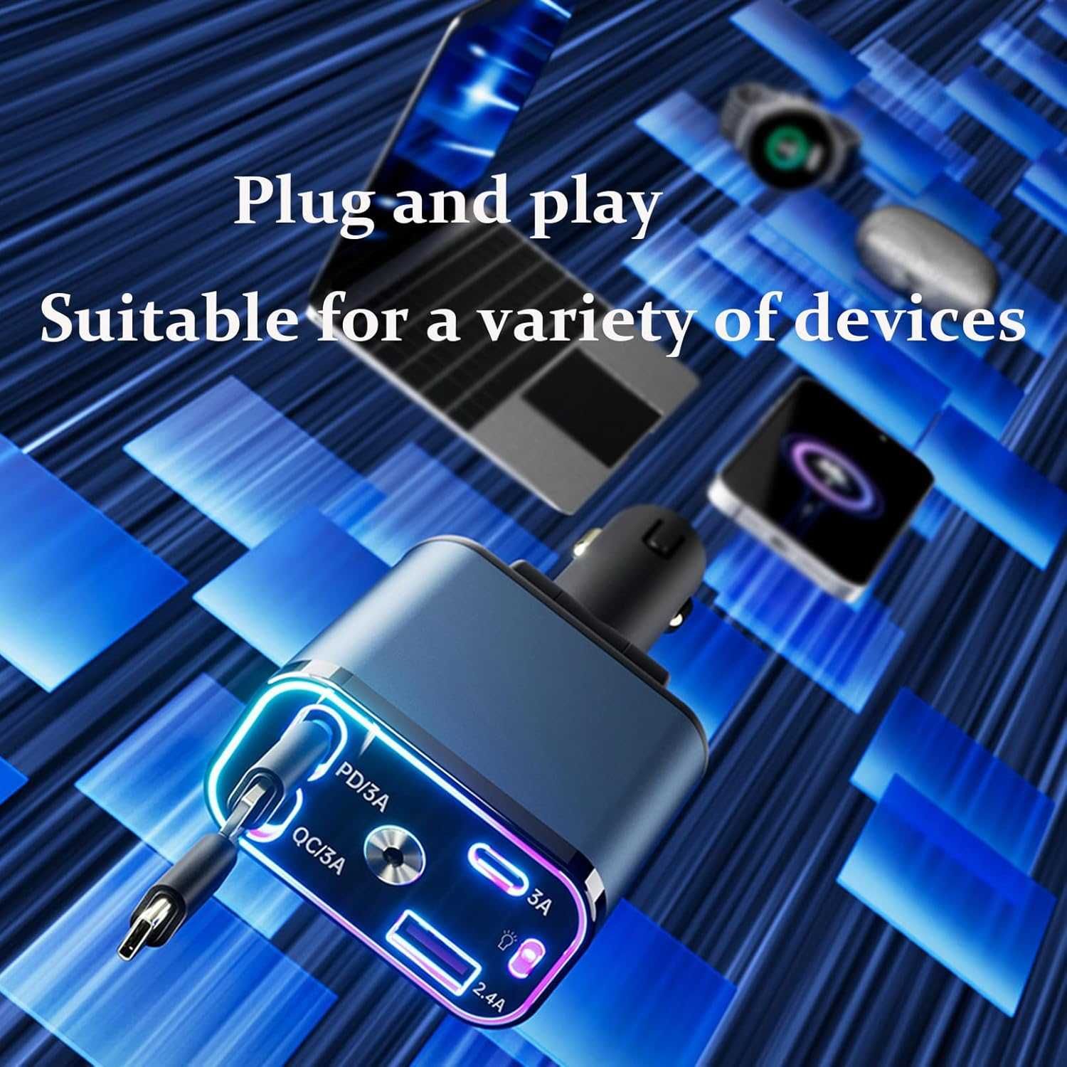 Smart Зарядно За Запалка, Кола, Fast Charge, LED прожекто, 120W