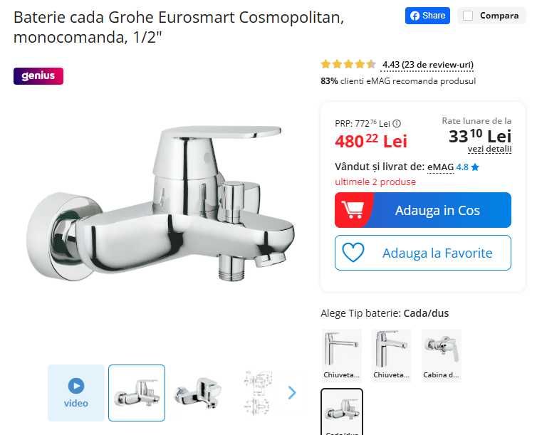 Baterie cada Grohe Eurosmart Cosmopolitan, monocomanda, 1/2"