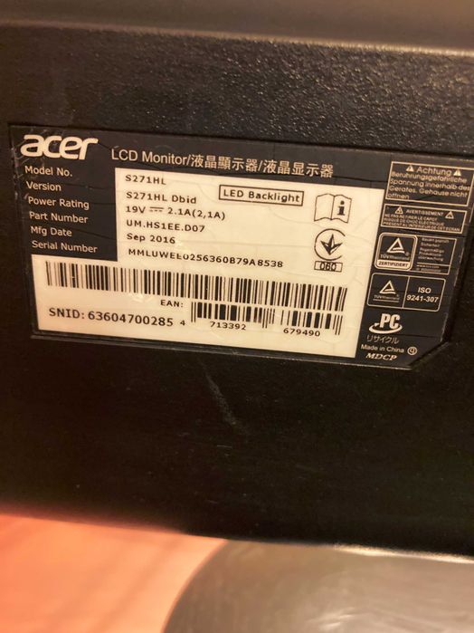 Монитор LED Acer 27", Full HD, HDMI, DVI, Черен, S271HL