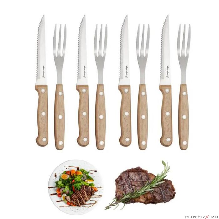 Set pentru friptura si gratar, 8 piese, otel inoxidabil, lemn,
