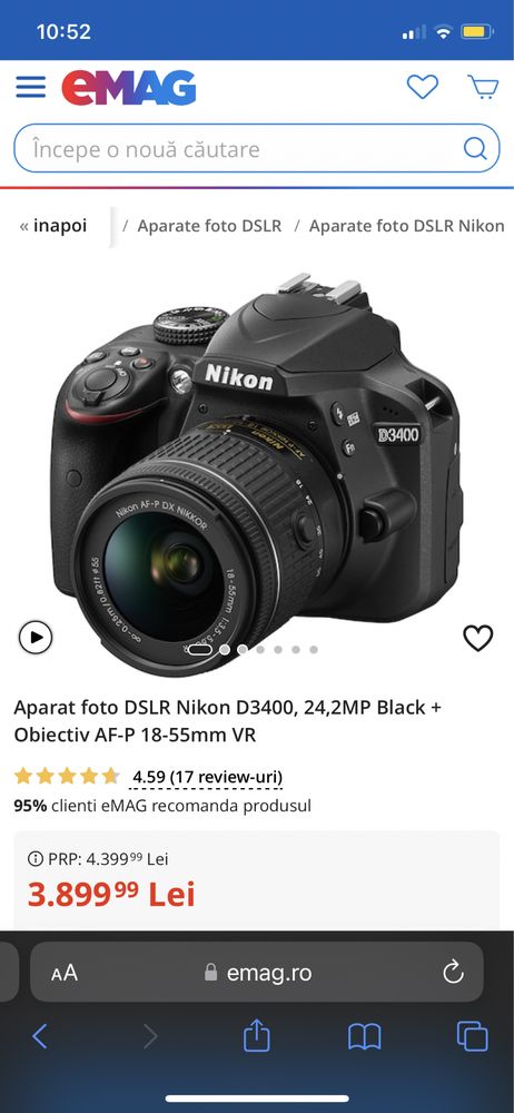 Aparat foto DSLR Nikon D3400 Kit cu Obiectiv AF-P 18-55mm VR