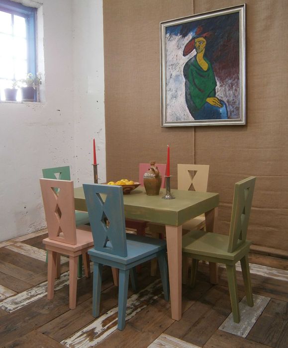 Set masa si 6 scaune vechi din lemn masiv reconditionat