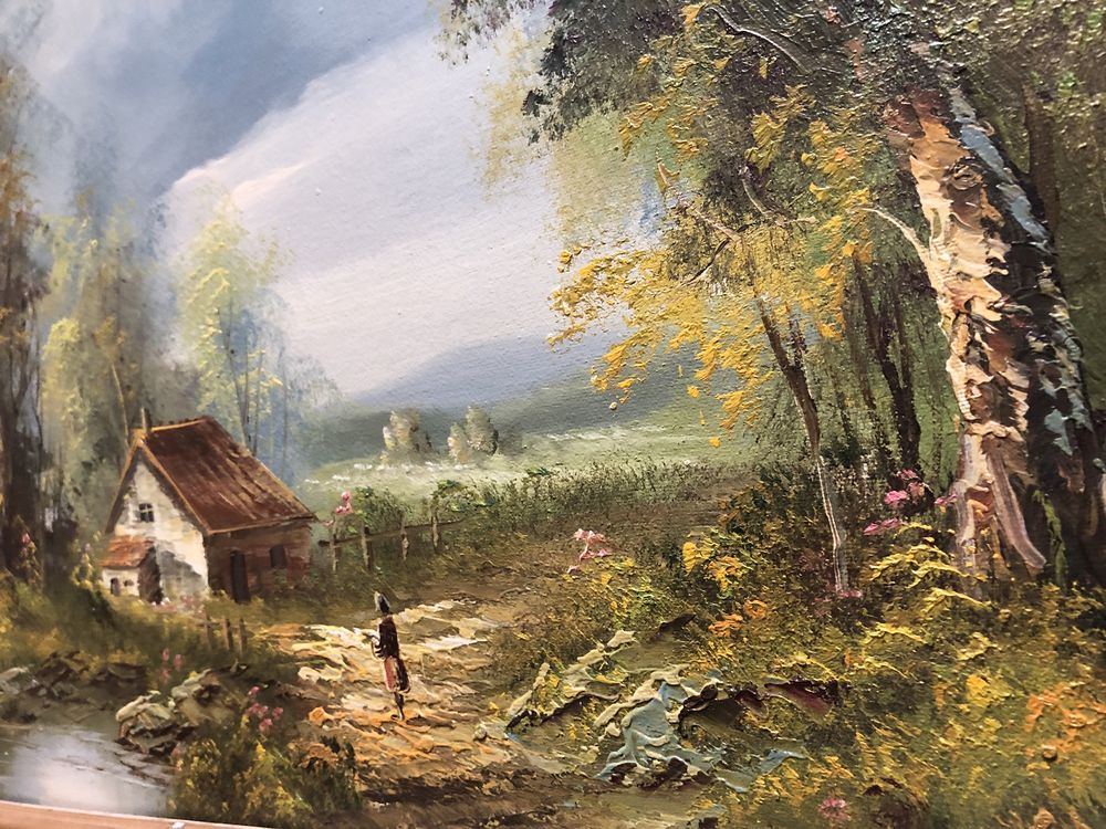 Tablou,pictura franceza in ulei pe panza,taranca langa casa