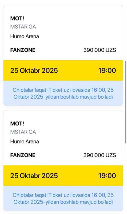 MOT konsertiga fan zonadan 2 ta chipta bor — arzon narxda sotiladi!