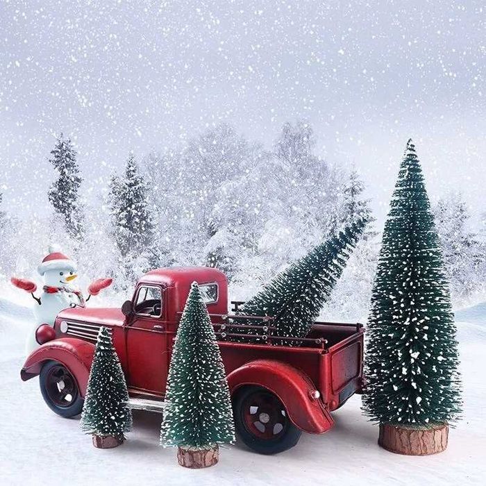 Brad Înzăpezit 30 cm set-5 buc – Mini Decor Elegant pe Suport din Lemn