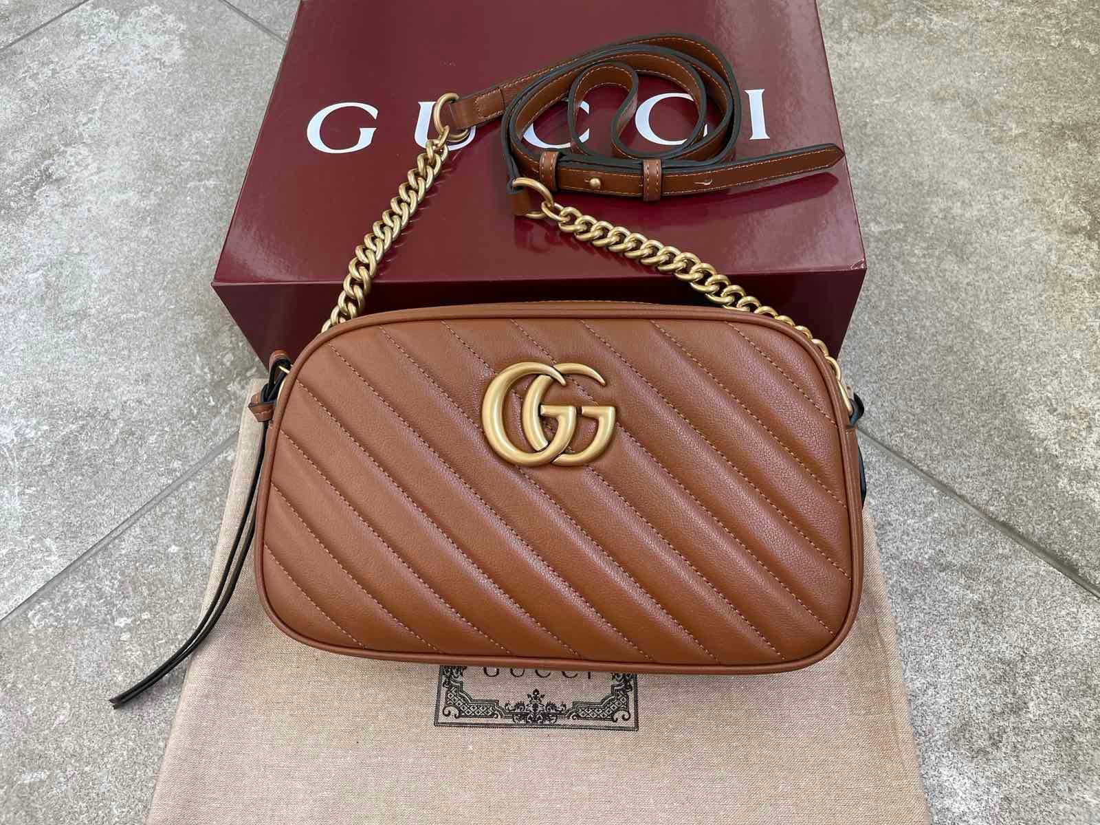 Gucci Чанта Marmont Малка Гучи Кафява кожa Златно GG Лого Оригинална