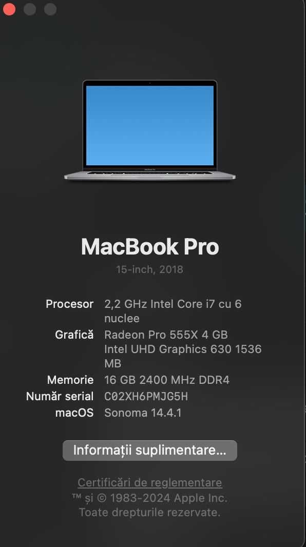 MacBook pro 15inch, i7, 2018, 16 gb RAM, 256 gb