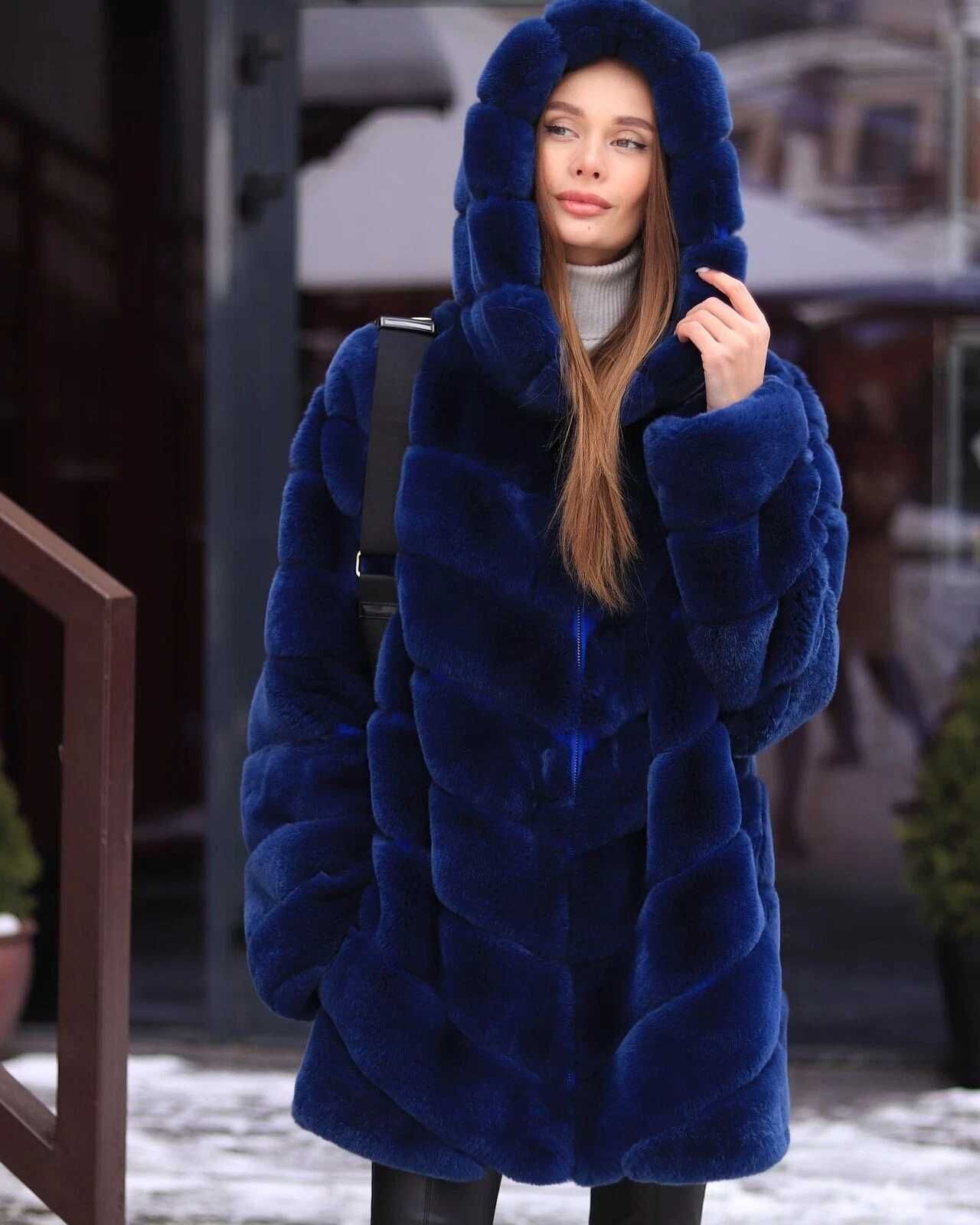 Isolde еко косъм чинчила тъмно синьо дълго яке