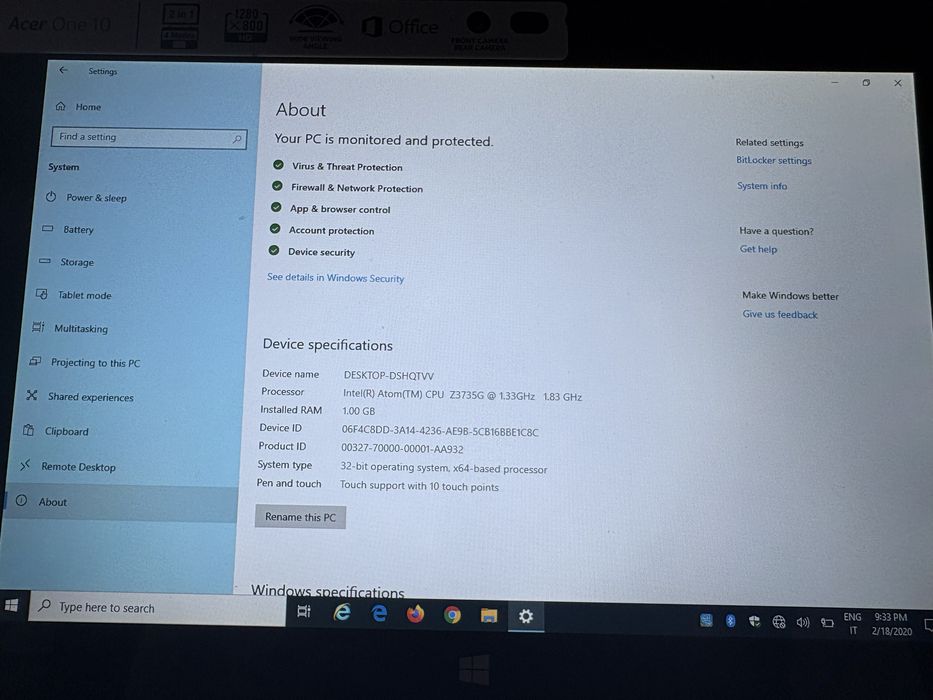 Laptop Acer One 10