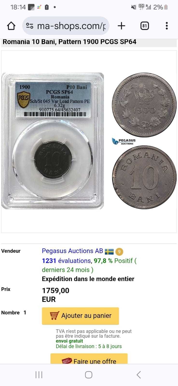 Lot 10 bani 1900 PCGS SP 65 PATTERN TOP POP / 20 bani 1900  PCGS SP64