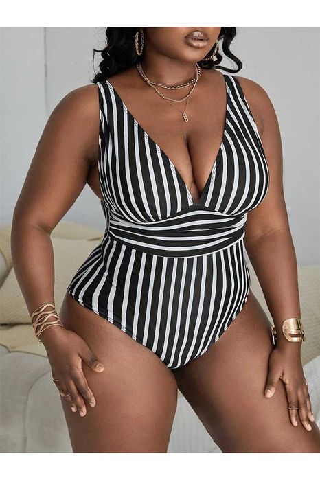 Costum de baie intreg, cu dungi alb-negru, stil retro, M/ L/ XL