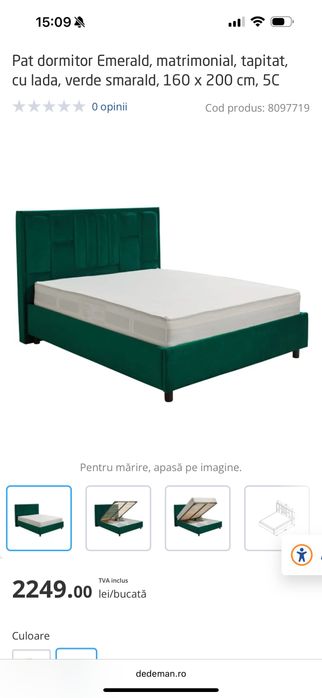 Pat dormitor Emerald, matrimonial, tapitat, cu lada, verde smarald