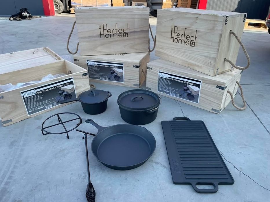 Set BBQ 6+1 piese în cutie de lemn, fontă, Perfect Home 28340