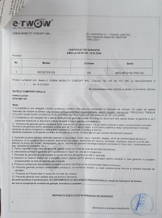 Trotineta electrică e-twow cu aplicație în garanție