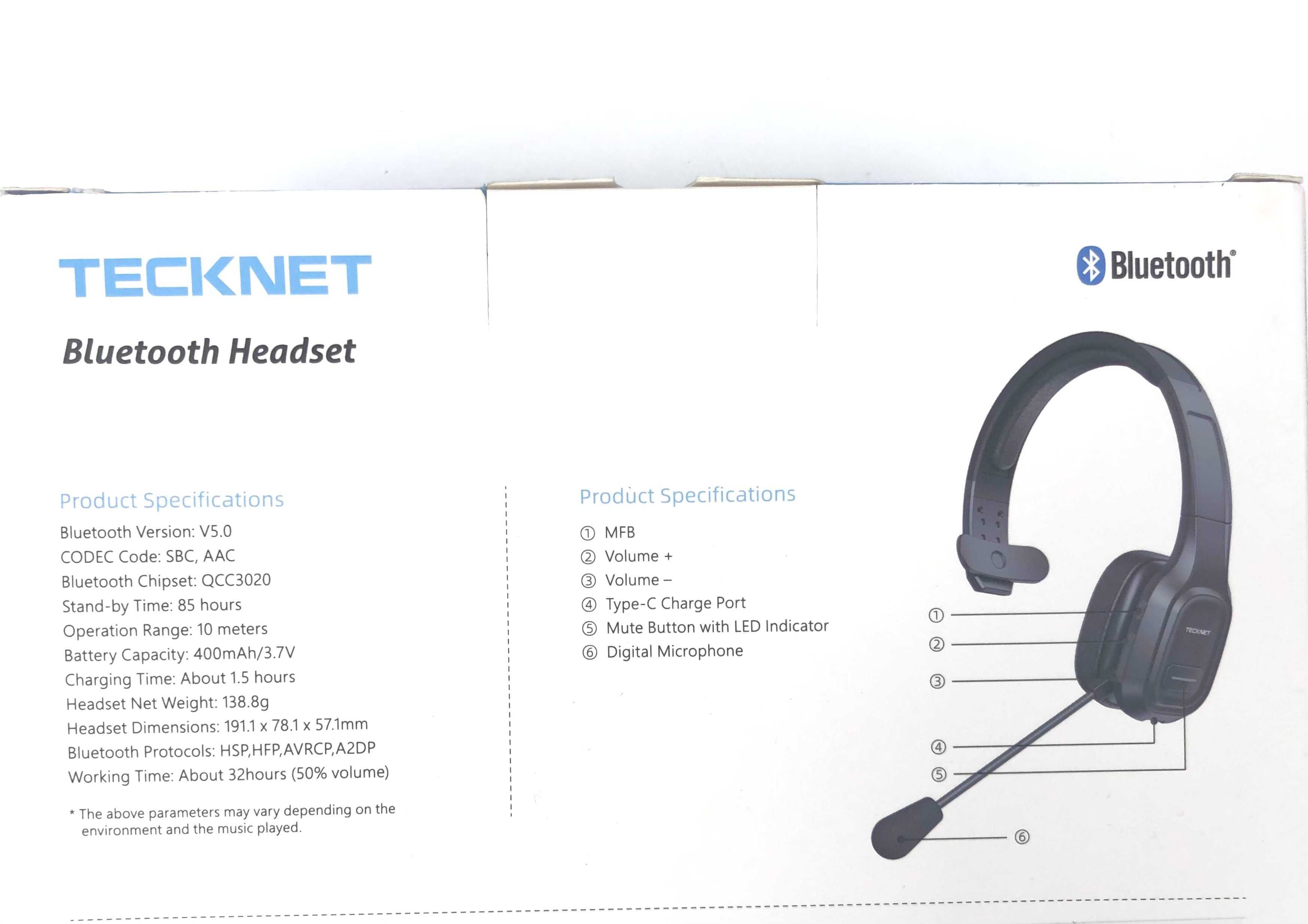 слушалки Bluetooth с микрофон, USB, TECKNET, внос от Германия