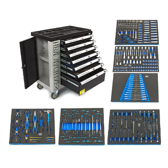 Dulap scule profesional hbm cu 7 sertare, 245 piese, 6 module carbon -