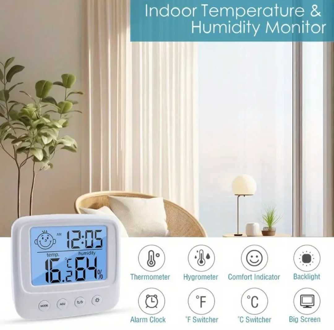 Termometru de interior cu higrometru, ceas și alarma