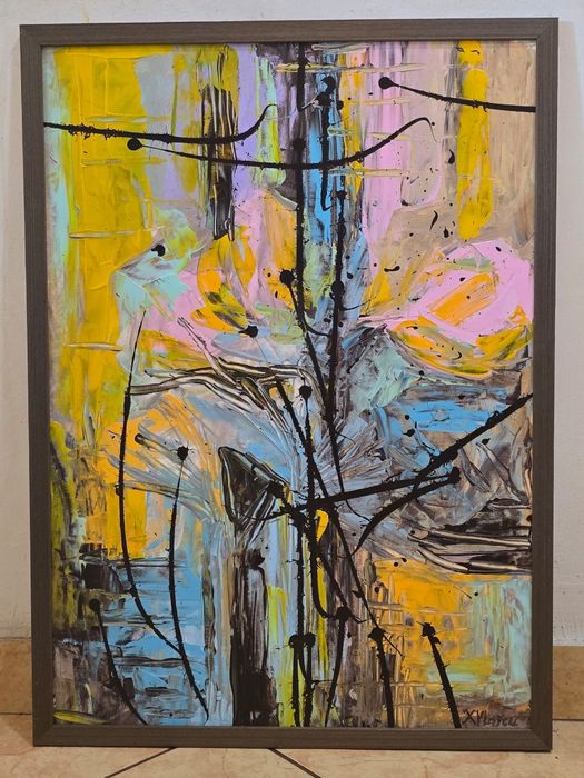 Tablou abstract Primavara, 50 × 70 cm, Acrilic, panza