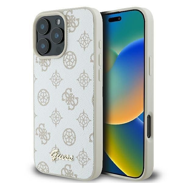 Guess peony script magsafe кейс за iphone 16 pro – бял