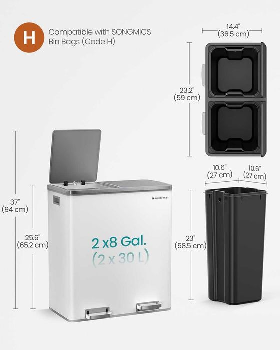 Cos gunoi dublu SONGMICS, 2x30L, cu pedale si galeata detasabila, alb