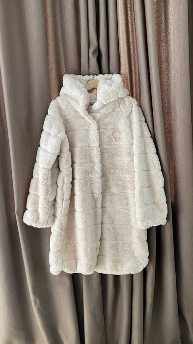 Есенно зимно палто с качулка Gold & Silver дълго пухено екрю