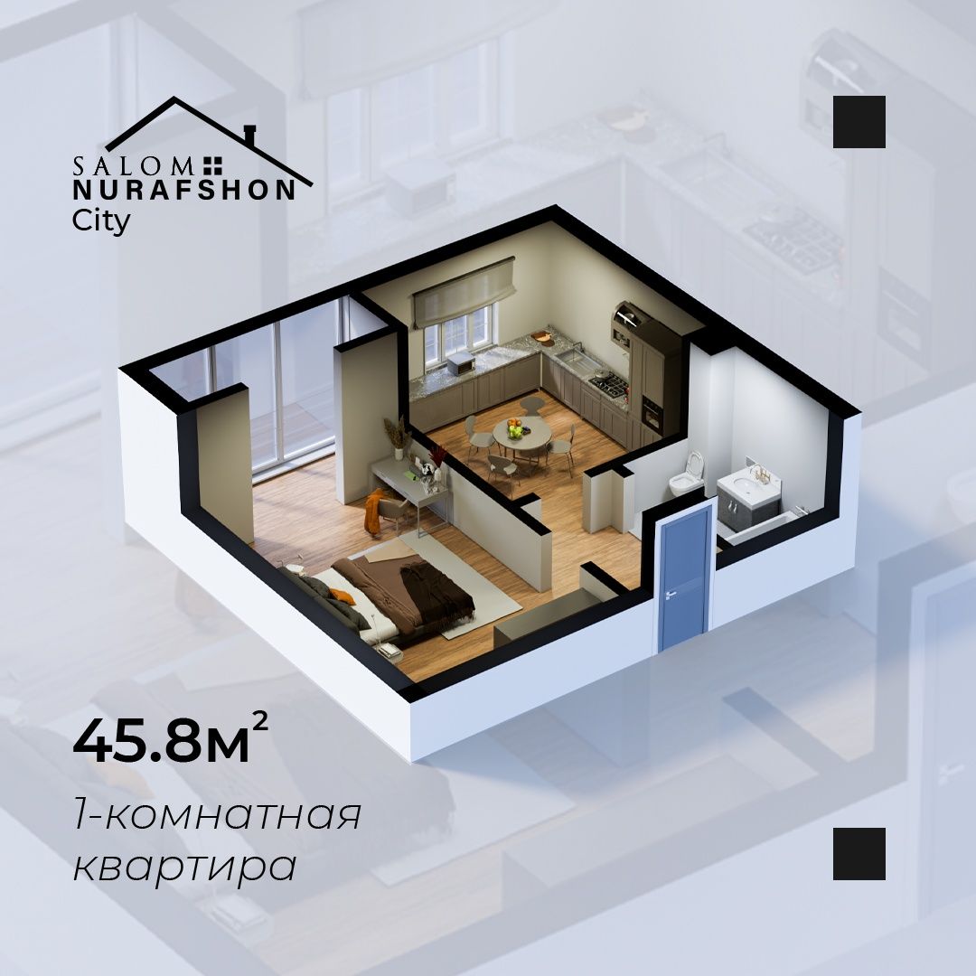 Navastroyka. Salom Nurafshon 1xona 45.8m² 100% 20%chegirma