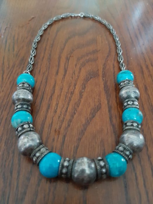 Lant colier dama foarte masiv argint,vintage,pietre turcoaz,exceptie