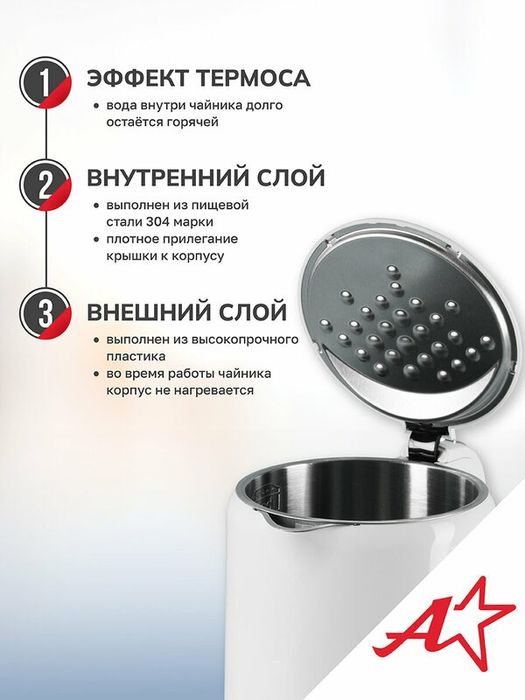 Электрический чайник Atlanta ATH-2539, двухстенный, 1.7л, 2200Вт, белы