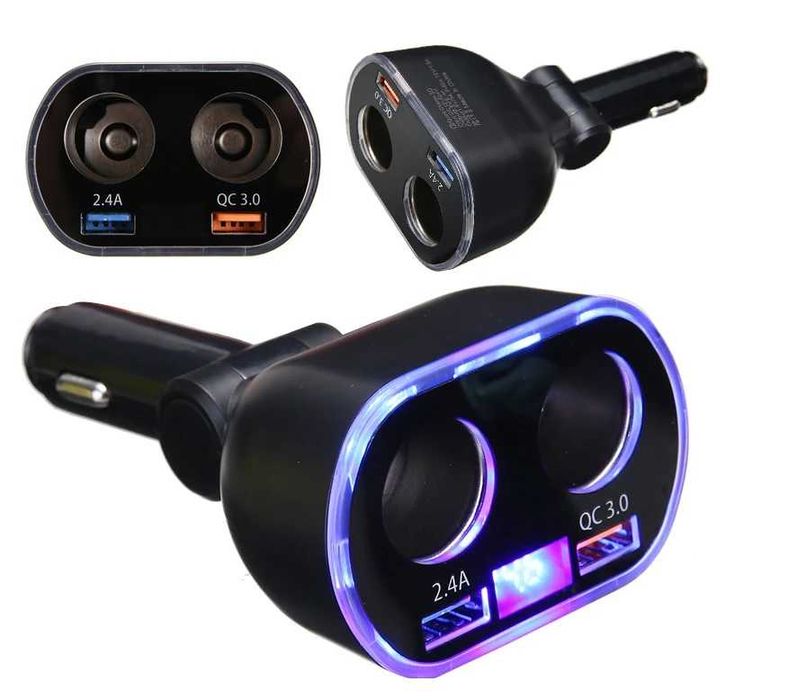 Зарядно Разклонител за запалка с 2 гнезда, 2 USB, Волтметър А3644