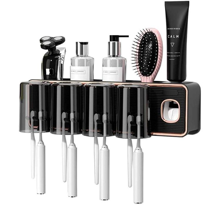 Suport autoadeziv pentru periute de dinti cu dispenser pasta 4 pahare