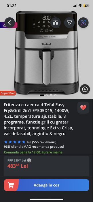 Friteuza cu aer cald Tefal Easy Fry&Grill 2in1 EY505D15