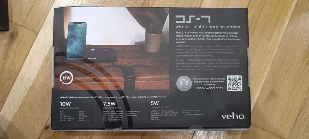 Безжична зарядна станция Veho DS-7 Qi, НОВА 220 лв. - 4 порта, черна