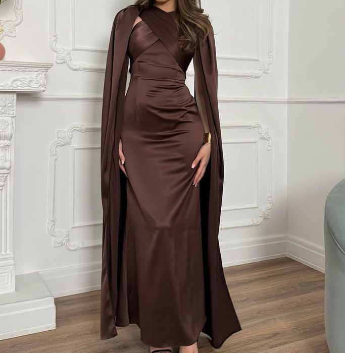 Шоколадное вечернее платье с драпировкой и накидками, размер M.