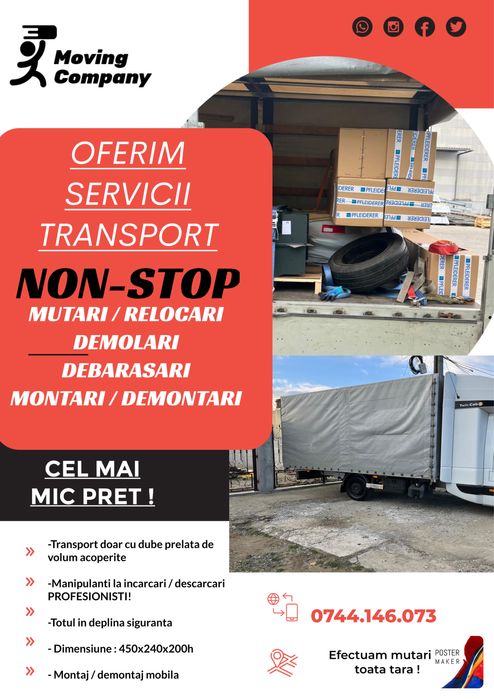 Servicii transport, mutari mobila,  demolare si evacuare moloz