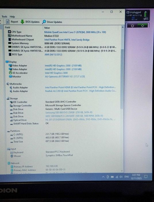 Medion 17,3 inch, Core I7, 8GB, SSD + HDD, HD Graphics, baterie 2 ore