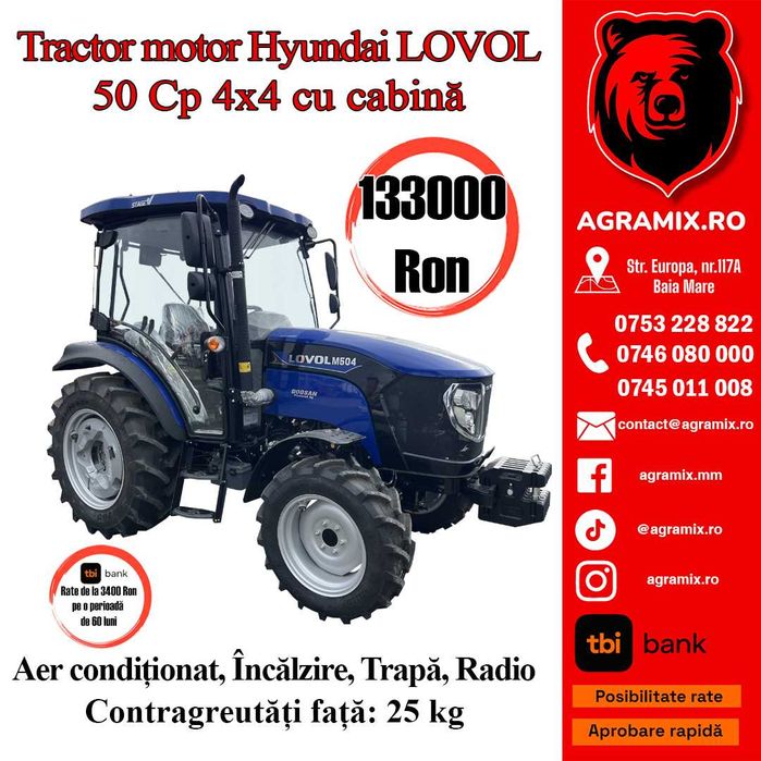 Tractor marca Lovol 50CP cu cabina 4x4 inmatriculabil nou