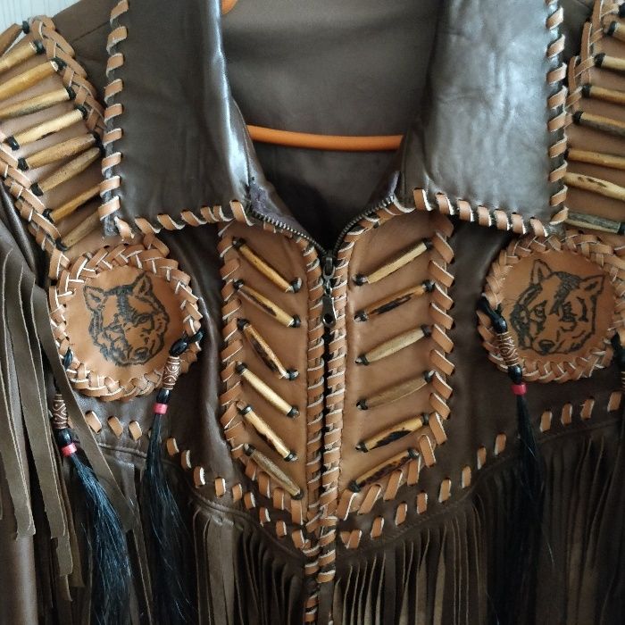 Costum piele cu franjuri si impletituri Handmade marime 52-54 unicat