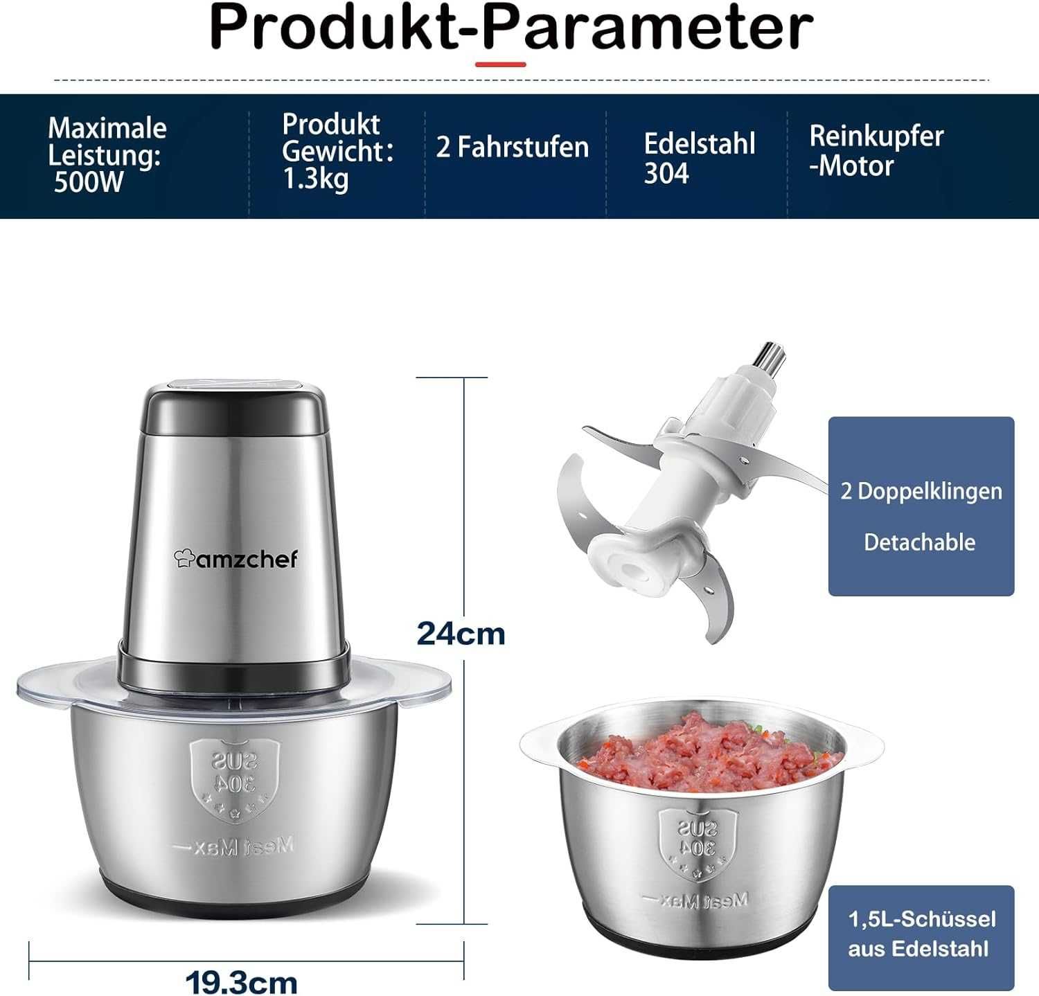 Чопър AMZCHEF 1.5 L Stainless Steel Bowl, 500 W ,Гаранция